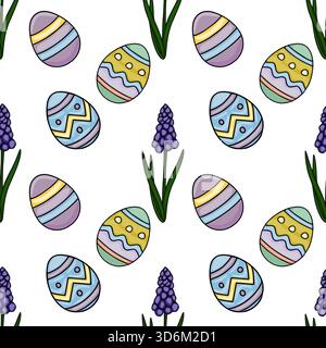 Seamless vector pattern featuring a delightful assortment of intricately decorated Easter eggs and vibrant purple muscari flowers against a clean whit Stock Vector