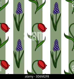 A charming vector seamless pattern featuring delicate red tulips and vibrant purple grape hyacinths against a background of alternating sage green and Stock Vector