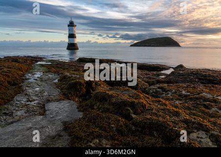 Morning light over the lighthouse at Penmon Point with seaweed-covered rocks in the foreground and Puffin Island beyond under a layered sky Stock Photo
