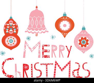 Cute vector seamless Christmas greeting card or background with ornaments in pink, blue and red colors Stock Vector