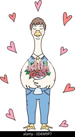 Cute male goose dressed in a suit holding a beautiful bouquet of pink roses, surrounded by hearts. Hand drawn greeting card. Stock Vector