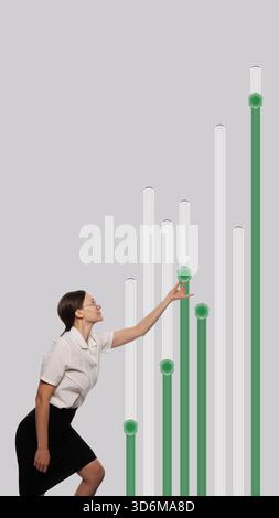 Trendy collage. Businesswoman adjusting tall green financial bars with ambitious emotion Stock Photo