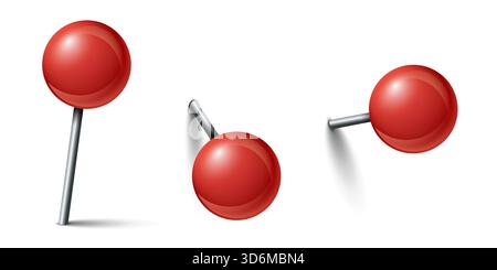 Red needle pin with shadow set collection in flat style. Map push pins vector illustration on isolated background. Pushpin for paper notice sign busin Stock Vector