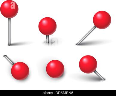 Red needle pin with shadow set collection in flat style. Map push pins vector illustration on isolated background. Pushpin for paper notice sign busin Stock Vector