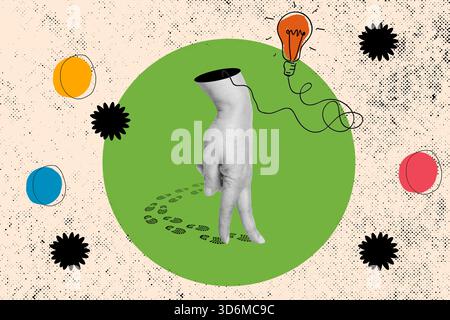 Collage of a woman hand with fingers in a walking gesture, shoe prints and the draw of a light bulb on a green circle Stock Photo