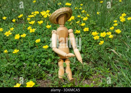 A wooden mannequin toy wearing a wicker hat sitting on the grass with yellow flowers around Stock Photo
