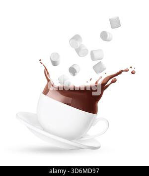Fresh marshmallows falling into cup with hot cocoa on white background Stock Photo