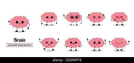 Adorable kawaii brain characters with different emotions and poses. Bright playful illustration perfect for stickers, education, children content and Stock Vector
