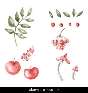 A set of branches, leaves, berries, apples, and fly agarics. Isolated watercolor illustration for children's educational materials, printing on postca Stock Photo
