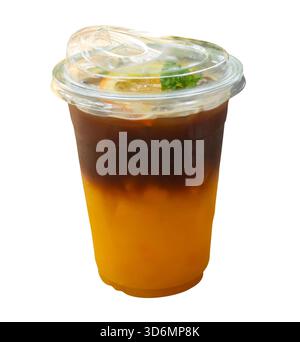 Iced lemon tea in transparent plastic glass is isolated on white background with clipping path. Stock Photo