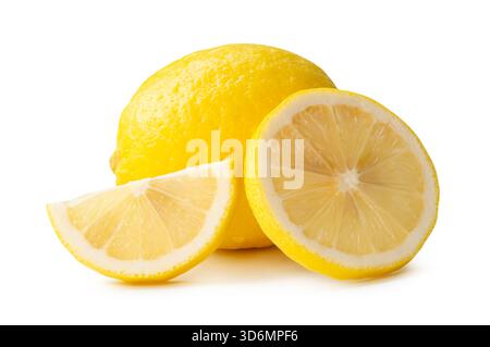 Front view of ripe yellow lemon fruit with slices in circle and quarter shape in stack is isolated on white background with clipping path. Stock Photo