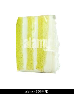 A piece of green and white coconut cake is isolated on white background with clipping path. Stock Photo