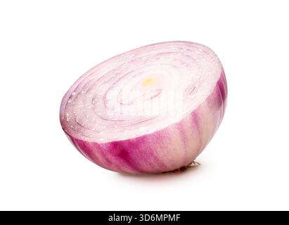 Fresh unpeeled red or purple onion bulb in half is isolated on white background with clipping path. Stock Photo