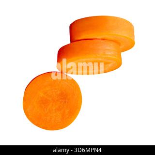 Side view of orange carrot slices in stack is isolated on white background with clipping path. Stock Photo