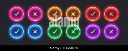 Neon checkmark icons, glowing check buttons, glossy glass signs. Stock Vector