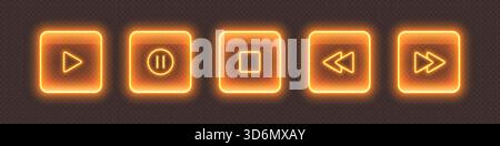 Neon media player buttons. Glossy glowing audio control icons. Stock Vector