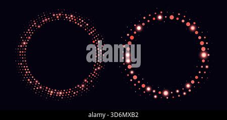 Red halftone frames, glowing circle borders, round pattern with dots, radial disco luxury design element. Stock Vector