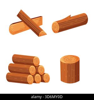 Set of lumber. Collection include wooden logs, stump, firewood and tree branch. Isolated vector illustration in cartoon flat style. Stock Vector