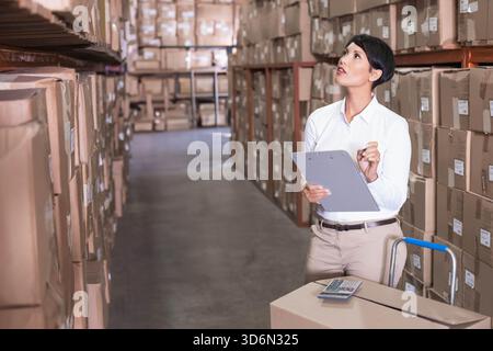 Woman in white shirt khakis holding clipboard, inspecting labeled boxes on shelving, copy space. Warehouse, inventory, logistics, storage, aisle, rack Stock Photo