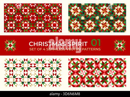 Festive seamless vector patterns with geometric star motifs in red, green, beige, and white. Perfect for Christmas wrapping, cards, textiles, and seas Stock Vector