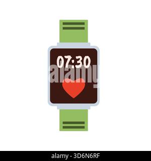 Digital watch illustration. Isolated smartwatch. Modern wristwatch with a green strap in a flat style. Stock Vector
