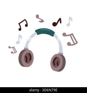 Illustration of headphones surrounded by musical notes in flat style Stock Vector