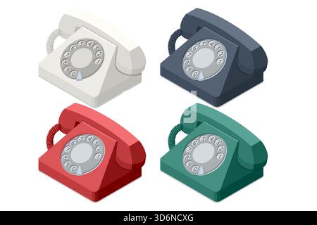 Isometric illustration of four vintage rotary telephones in different colors, showcasing classic retro communication devices in a clean minimal style Stock Vector