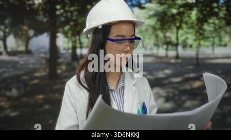 Young chinese woman architect with hardhat and safety glasses studies blueprints outdoors in a green park setting, showcasing professional focus and c Stock Photo