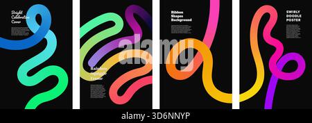 Bright color lines twist in abstract ribbon curves creating a fluid rainbow swirl. Modern vector layout blends wavy strokes with playful kid doodle energy for creative geometric poster or party cover. Stock Vector