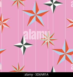 Christmas tree decor stars shaped seamless pattern. Candy pink colors festive thin lines wallpaper, gift wrap texture Stock Vector