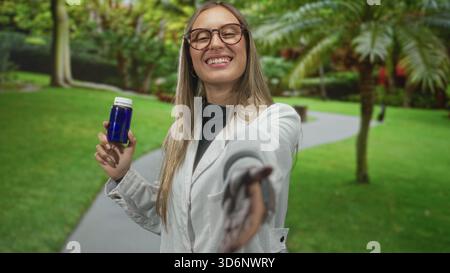 Woman in a white lab coat holding a blue bottle, smiling with hand extended toward camera on a paved path in a forest; wellness confidence. Stock Photo