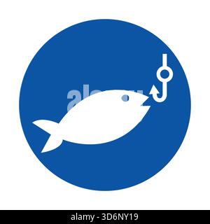 This graphic features a stylized fish and hook icon on a blue background. Ideal for aquatic themes, fishing activities, and culinary illustrations. Stock Vector