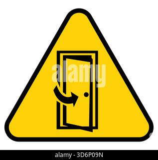 This caution sign features a simple yet effective design of a door with an arrow indicating its opening direction, providing clear safety guidance. Stock Vector