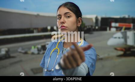 Young hispanic woman doctor beckons with hand and stethoscope at airport terminal beside airplane; authority. Stock Photo