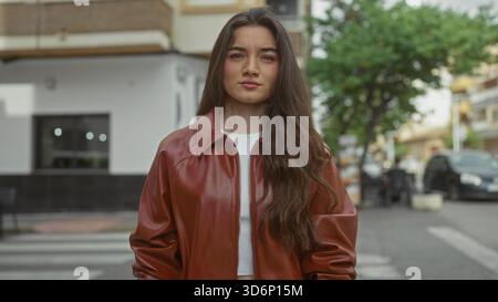 Woman wearing brown leather jacket with arms crossed on city street under overcast sky beside parked van; defiance. Stock Photo