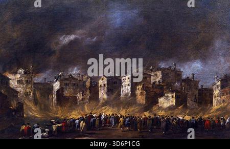 GUARDI, Francesco (b. 1712, Venezia, d. 1793, Venezia)  Fire in the San Marcuola Oil Depot 1789 Oil on canvas, 32 x 51 cm Gallerie dell'Accademia, Venice  This is one of Guardi's last masterpieces, based on a real event which occurred during the evening of December 28, 1789. The glow of the fire has inspired an extraordinary, almost spectral night scene with the orange flames forming a barrier between the people and the houses, all painted with vivid, light brush strokes.       --- Keywords: --------------  Author: GUARDI, Francesco Title: Fire in the San Marcuola Oil Depot Time-line: 1751-180 Stock Photo