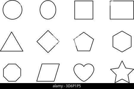 Outline set of geometric shapes including circle, square, triangle, pentagon, star, heart, hexagon and more math symbols Stock Vector
