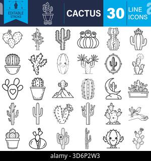 Cactus line icons set, desert plant collection, editable stroke Vector Stock Vector