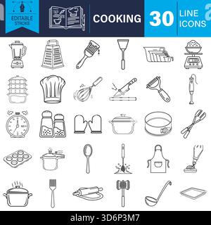 Cooking kitchen utensils and baking tools equipment line icons Vector Stock Vector