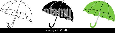 Minimalist linear umbrella icons set in outline, solid black, and green color. Simple vector symbols of rain protection and weather Stock Vector