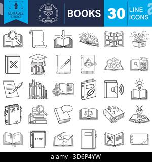 Line icons set for books, education, reading, and knowledge concept Vector Stock Vector