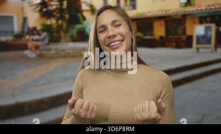 Young blonde woman beckons with both hands on urban street; invitation welcome. Stock Photo