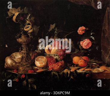 HEEM, Jan Davidsz. de (b. 1606, Utrecht, d. 1684, Antwerpen)  Still-Life with Flowers and Fruit 1660s Oil on canvas, 60 x 73 cm Galleria Palatina (Palazzo Pitti), Florence  The curtain tells of the painting's, or perhaps the subject's, value - at one time, special works were kept behind actual drapery.       --- Keywords: --------------  Author: HEEM, Jan Davidsz. de Title: Still-Life with Flowers and Fruit Time-line: 1601-1650 School: Dutch Form: painting Type: still-life Stock Photo