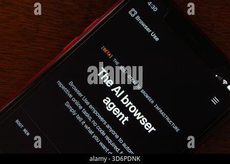 Quito, ECUADOR - Oct 6 2025 : Close-up of a smartphone displaying the Browser Use website in dark mode. Stock Photo