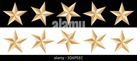 Five golden christmas stars ornaments with sparkles isolated on white and black background Stock Vector