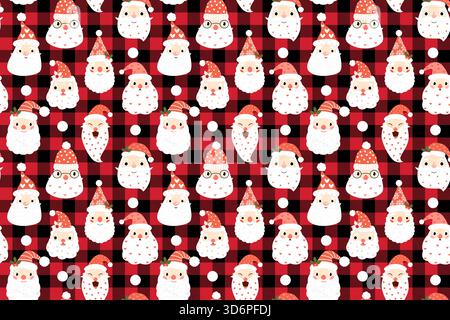 Cute Santa Claus Vector Faces on Red and Black Buffalo Plaid Background, Fun Christmas Background Stock Vector