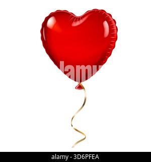 Red heart-shaped balloon with shiny surface and gold ribbon against white background. Stock Vector