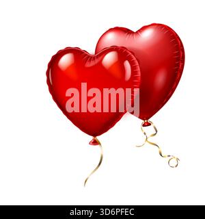 Two shiny red heart-shaped balloons with golden ribbons floating on a plain white background, symbolizing love and celebration. Stock Vector