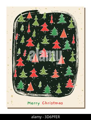 Cute vector Christmas cards set with Christmas trees in red and green and a funny Santa Claus hiding, elegant holiday design, background, flyers and t Stock Vector