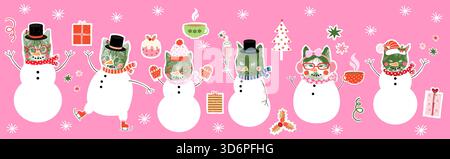 Funny cat faces snowmen collage vector images, Cute Christmas and winter animal design for greeting cards, party invitations and backgrounds Stock Vector